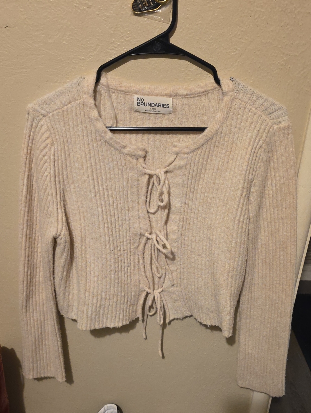 No Boundaries Cream Ribbed Tie-Front Knit Top